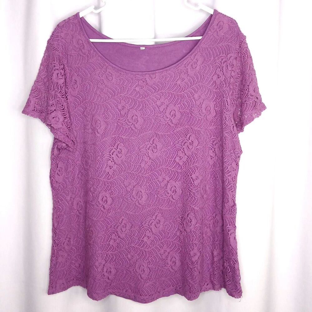 Leo & Nicole Lace Blouse Short Slv Top Lined Rayon Blend Strtch Purple Womens XL
